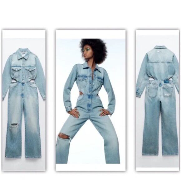 BLOGGERS FAV ZARA LIMITED EDITION CUT OUT SIDE DISTRESSED DENIM JUMPSUIT Size L - Picture 2 of 15